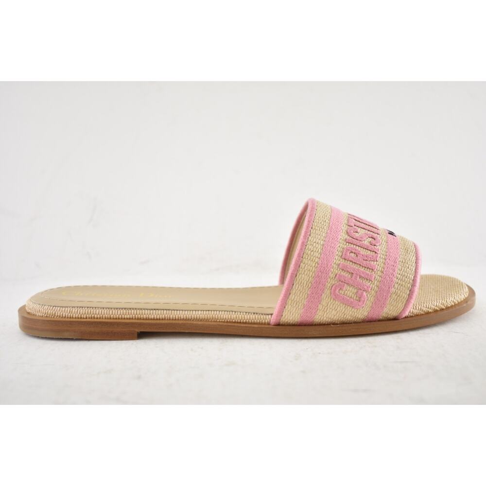 Christian Dior Dway Rose Begonia Pink Raffia Beige Logo Slide Flat Sandal 38.5 - Picture 2 of 13